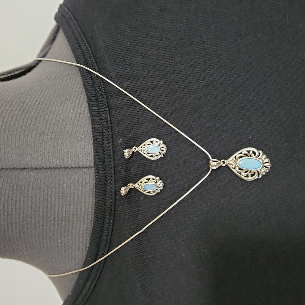 Avon Sterling Silver & Blue Mother of Pearl Necklace & Earring Set